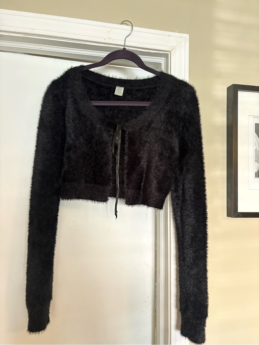 Muse Black Fuzzy Cropped Tie-Front Cardigan